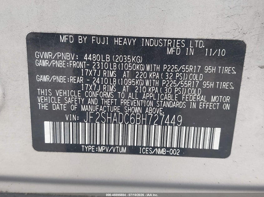 2011 Subaru Forester VIN JF2SHADC6BH727449 IAAI salvage auction — NORMAL WEAR, Clear (Maryland), sold $300 on 2026-07-23 (photo 9)