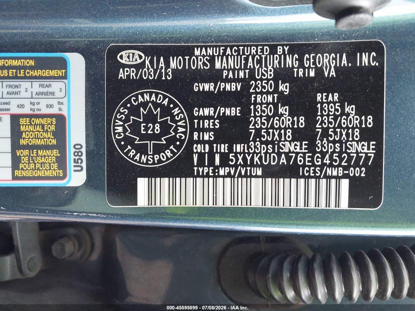 2014 Kia Sorento VIN 5XYKUDA76EG452777 IAAI salvage auction — RIGHT SIDE, Original (Texas), sold $1,450 on 2026-07-14 (photo 9)