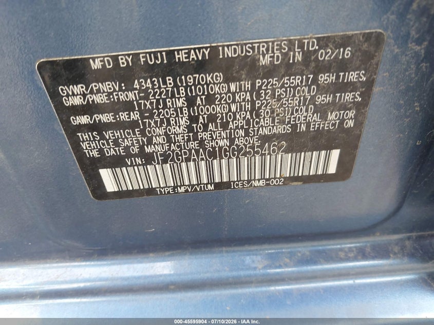 2016 Subaru Xv VIN JF2GPAAC1GG255462 IAAI salvage auction — NORMAL WEAR, Clear (Idaho), sold $550 on 2026-07-21 (photo 9)