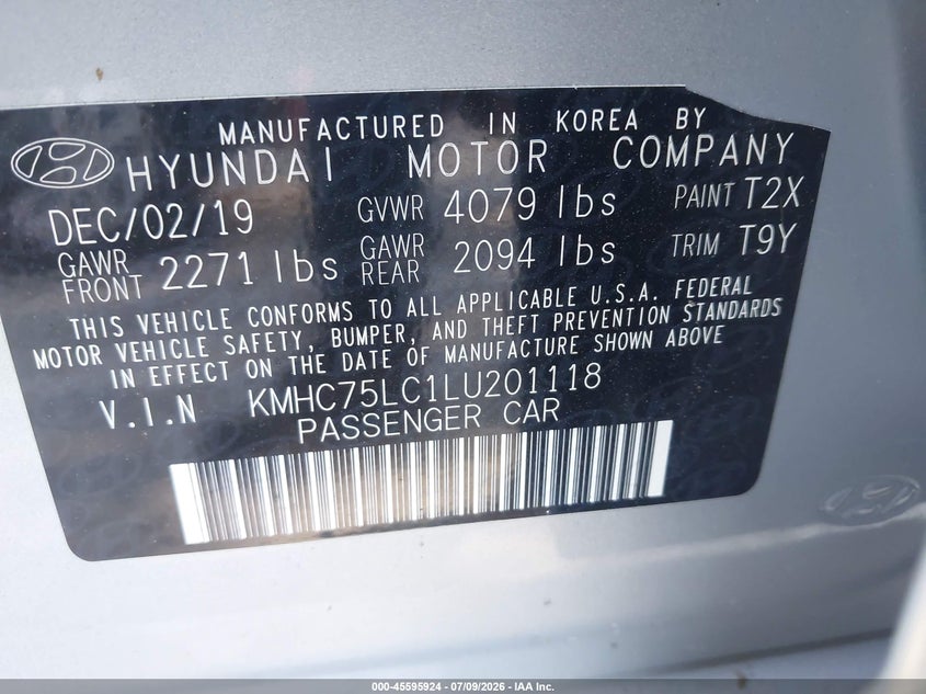 2020 Hyundai Ioniq hybrid VIN KMHC75LC1LU201118 IAAI salvage auction — ALL OVER, Clear (New York), sold $1,050 on 2026-07-29 (photo 9)