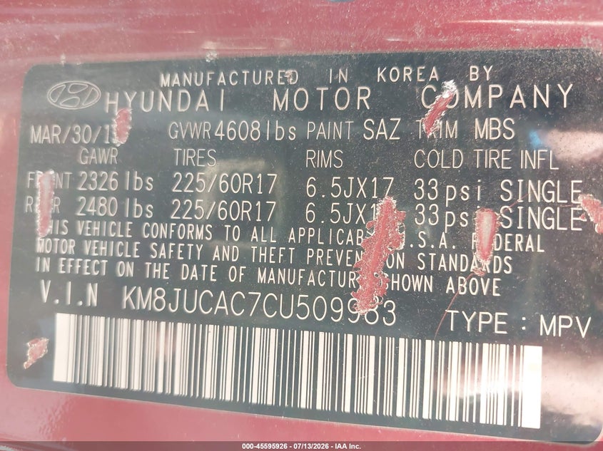 2012 Hyundai Tucson VIN KM8JUCAC7CU509983 IAAI salvage auction — FRONT END, Junk Bill Of Sale Mv2459 (Wisconsin), sold $400 on 2026-07-30 (photo 9)