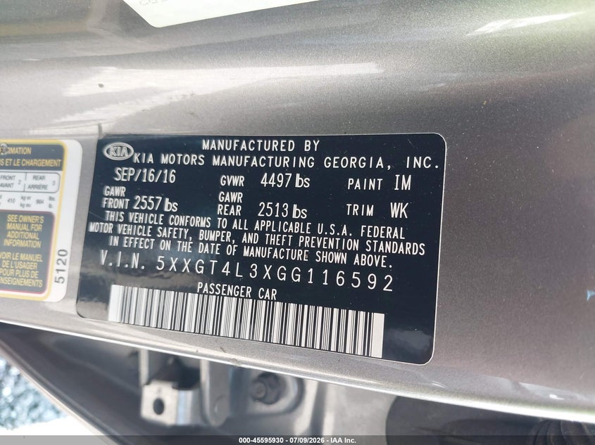 2016 Kia Optima VIN 5XXGT4L3XGG116592 IAAI salvage auction — NORMAL WEAR, Clear (South Carolina), sold $1,150 on 2026-07-21 (photo 9)