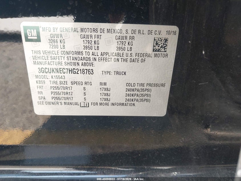 2017 Chevrolet Silverado 1500 VIN 3GCUKNEC7HG218763 IAAI salvage auction — LEFT SIDE, SF97 (California), sold $14,500 on 2026-08-25 (photo 9)