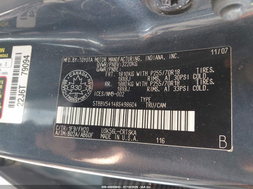 2008 Toyota Tundra VIN 5TBBV54148S498604 IAAI salvage auction — NORMAL WEAR, Clear (Michigan), sold $1,600 on 2026-07-20 (photo 9)