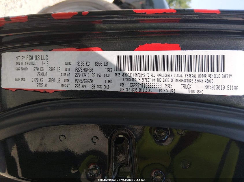 2016 Ram 1500 VIN 1C6RR7MT1GS235698 IAAI salvage auction — FRONT END, Salvage Title, sold $2,200 on 2026-08-01 (photo 9)