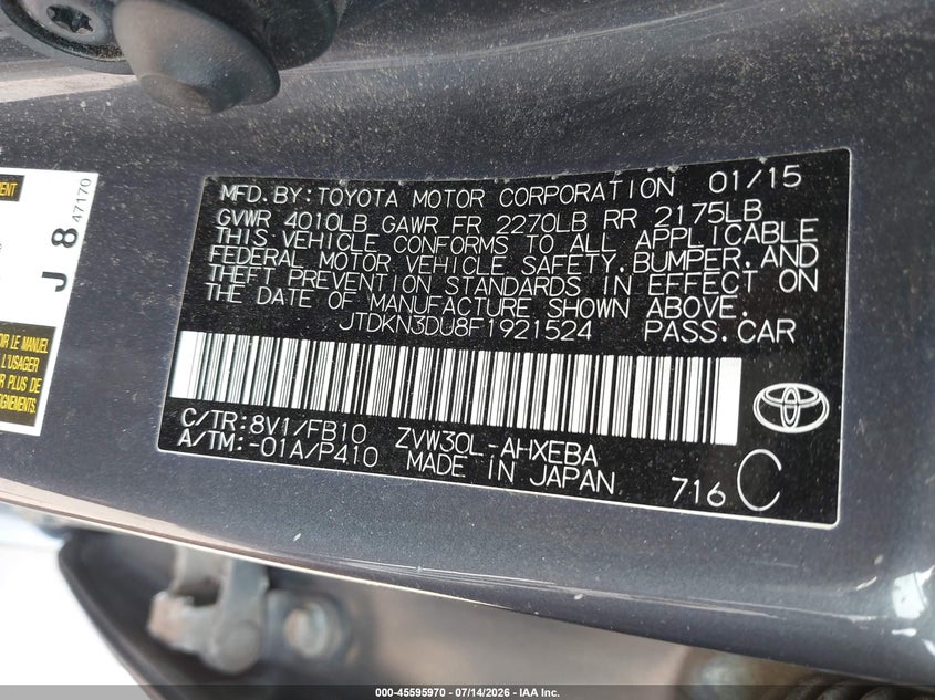 2015 Toyota Prius VIN JTDKN3DU8F1921524 IAAI salvage auction — FRONT END, Salvage Title, sold $2,150 on 2026-07-22 (photo 9)