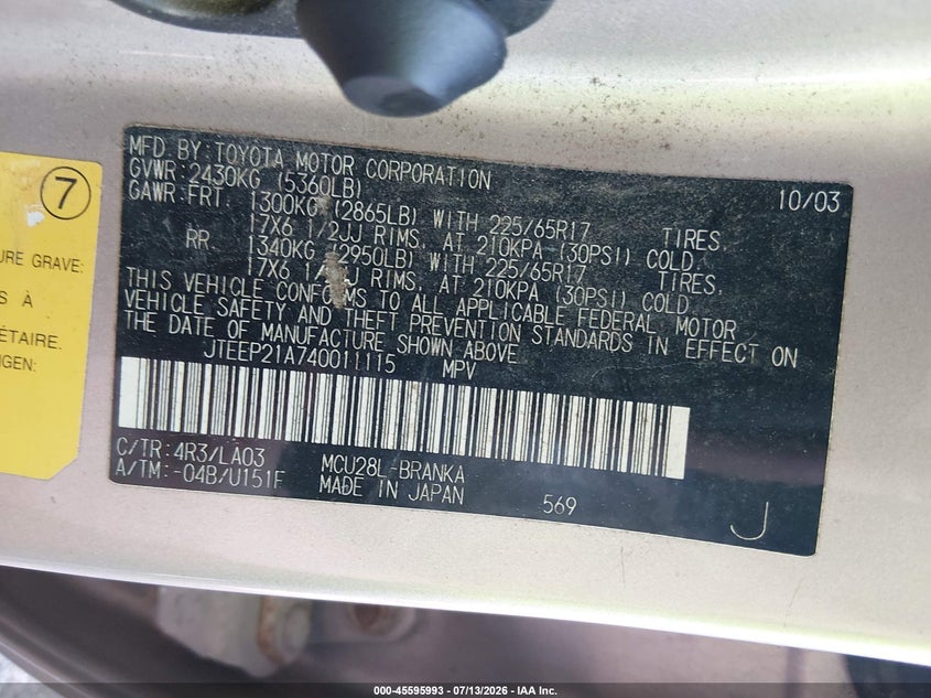 2004 Toyota Highlander VIN JTEEP21A740011115 IAAI salvage auction — NORMAL WEAR, Clear, sold $25 on 2026-07-22 (photo 9)