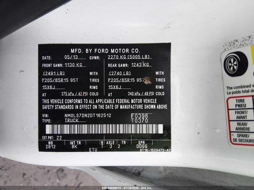 2013 Ford Transit VIN NM0LS7DN2DT162512 IAAI salvage auction — MECHANICAL, Salvage Title, sold $125 on 2026-07-22 (photo 9)