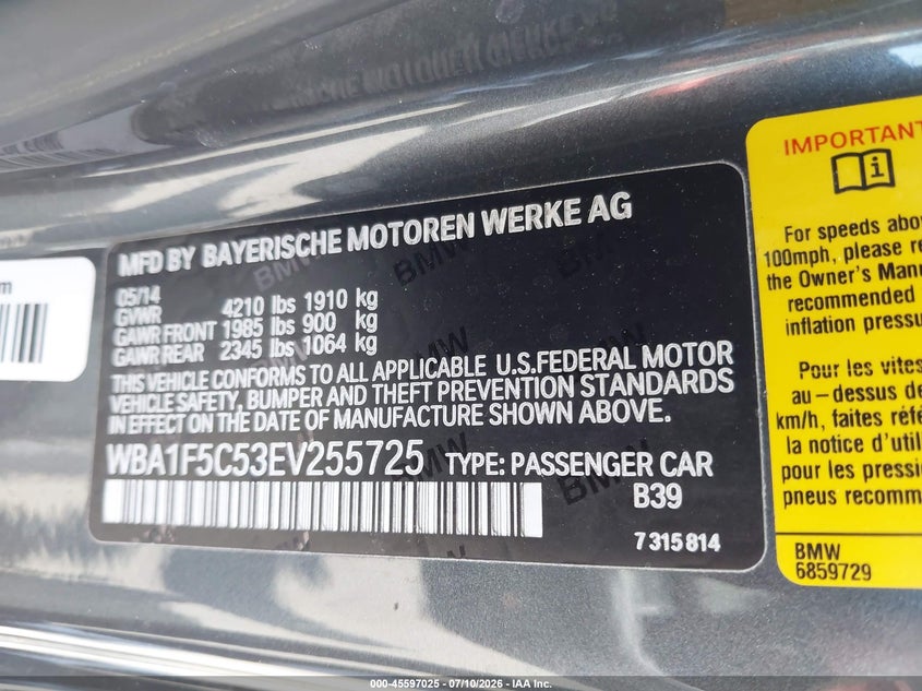 2014 BMW 2er VIN WBA1F5C53EV255725 IAAI salvage auction — LEFT FRONT, Salvage Certificate (California), sold $525 on 2026-07-24 (photo 9)