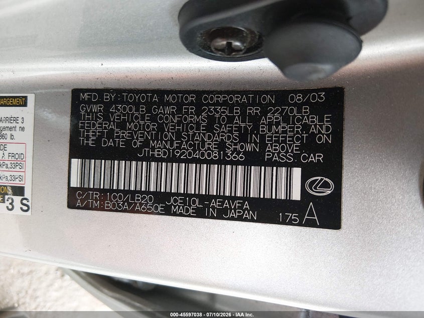 2004 Lexus Is 300 VIN JTHBD192040081366 IAAI salvage auction — FRONT & REAR, Salvage (Connecticut), sold $550 on 2026-07-30 (photo 9)