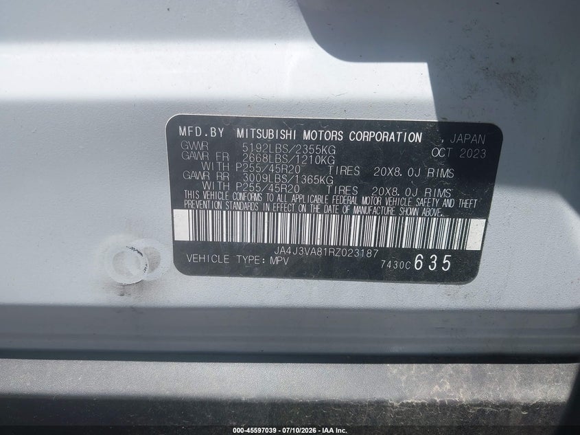 2024 Mitsubishi Outlander VIN JA4J3VA81RZ023187 IAAI salvage auction — ALL OVER, Certificate Of Destruction (Florida), sold $1,850 on 2026-07-22 (photo 9)