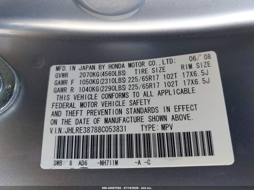 2008 Honda Cr-v VIN JHLRE38788C053831 IAAI salvage auction — RIGHT FRONT, Salvage (California), sold $1,900 on 2026-07-27 (photo 9)