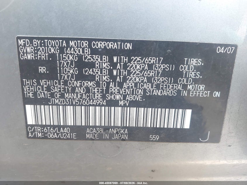 2007 Toyota Rav4 VIN JTMZD31V576044994 IAAI salvage auction — NORMAL WEAR, Clear - Dealer Only (California), sold $1,050 on 2026-07-20 (photo 9)