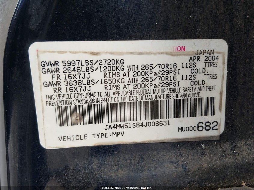 2004 Mitsubishi Montero VIN JA4MW51S84J008631 IAAI salvage auction — NORMAL WEAR, Clear (Louisiana), sold $450 on 2026-07-20 (photo 9)