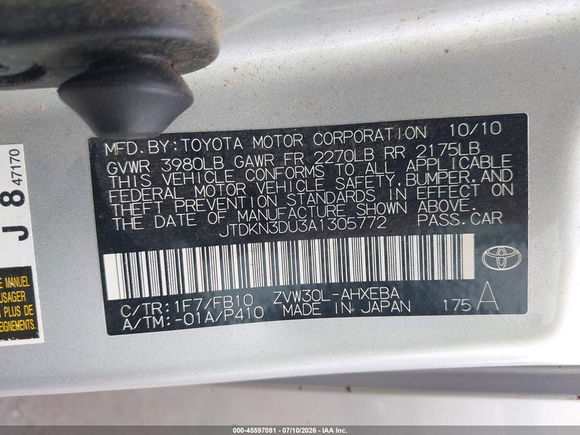 2010 Toyota Prius VIN JTDKN3DU3A1305772 IAAI salvage auction — NORMAL WEAR, Clear (Maryland), sold $800 on 2026-07-16 (photo 9)