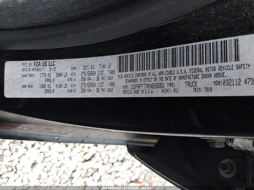 2019 Ram 1500 VIN 1C6SRFFT7KN826683 IAAI salvage auction — SIDE, Salvage Title, sold $9,400 on 2026-08-01 (photo 9)