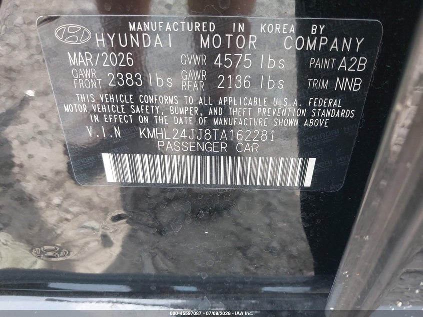 2026 Hyundai VIN KMHL24JJ8TA162281 IAAI salvage auction — FRONT END, Salvage Title, sold $25 on 2026-07-22 (photo 9)