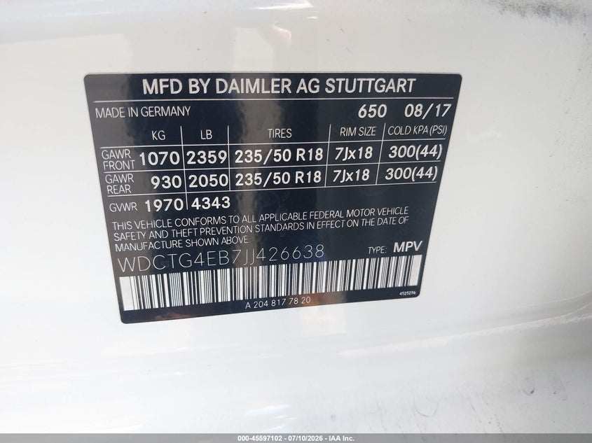 2018 Mercedes-benz Gla-klasse VIN WDCTG4EB7JJ426638 IAAI salvage auction — FRONT END, Salvage Certificate (California), sold $1,500 on 2026-07-24 (photo 9)