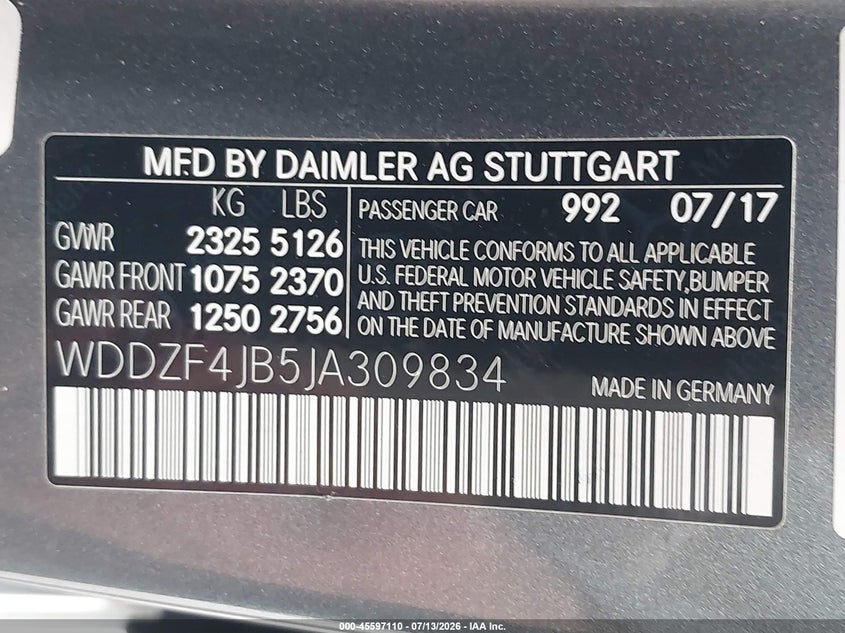 2018 Mercedes-benz E-klasse VIN WDDZF4JB5JA309834 IAAI salvage auction — WATER/FLOOD, Salvage (Texas), sold $6,000 on 2026-07-29 (photo 9)