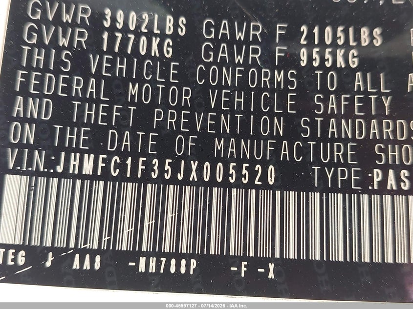 2018 Honda Civic VIN JHMFC1F35JX005520 IAAI salvage auction — FRONT END, Salvage Title, sold $1,300 on 2026-08-02 (photo 9)