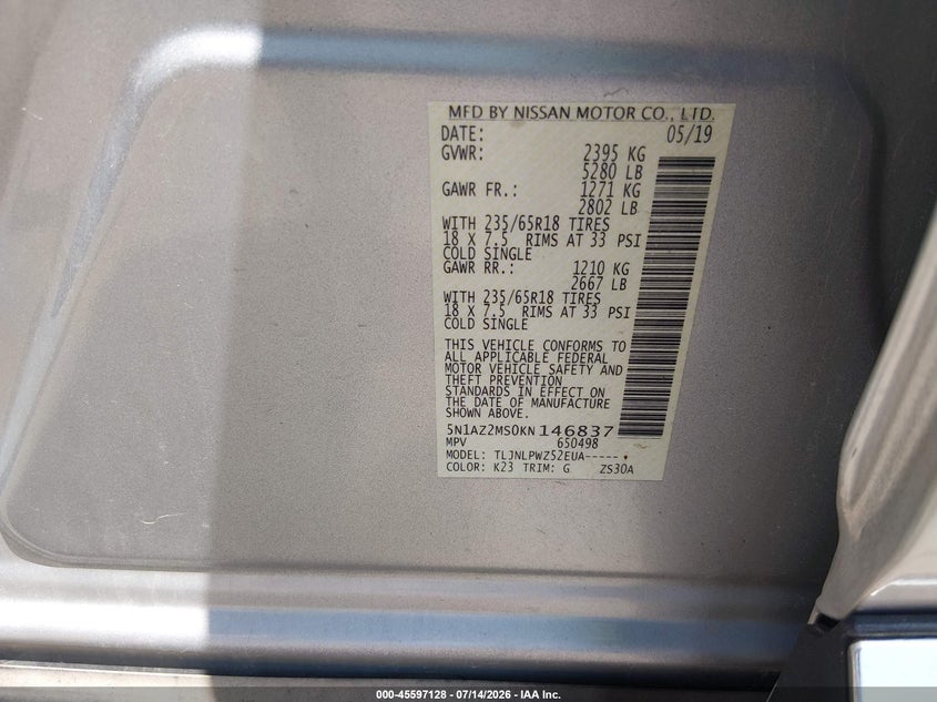 2019 Nissan Murano VIN 5N1AZ2MS0KN146837 IAAI salvage auction — FRONT END, Wait Title, sold $3,050 on 2026-09-01 (photo 9)