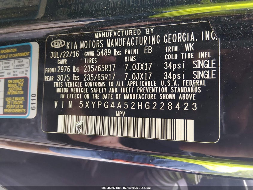 2017 Kia Sorento VIN 5XYPG4A52HG228423 IAAI salvage auction — NORMAL WEAR, Clear (Virginia), sold $1,125 on 2026-07-14 (photo 9)