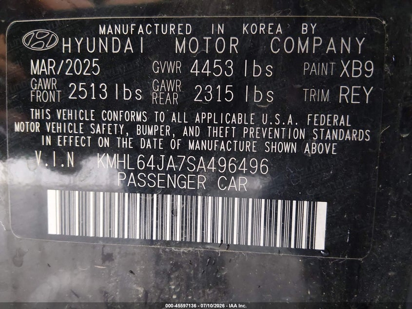 2025 Hyundai Sonata VIN KMHL64JA7SA496496 IAAI salvage auction — REAR END, Salvage Title, sold $7,025 on 2026-07-15 (photo 9)