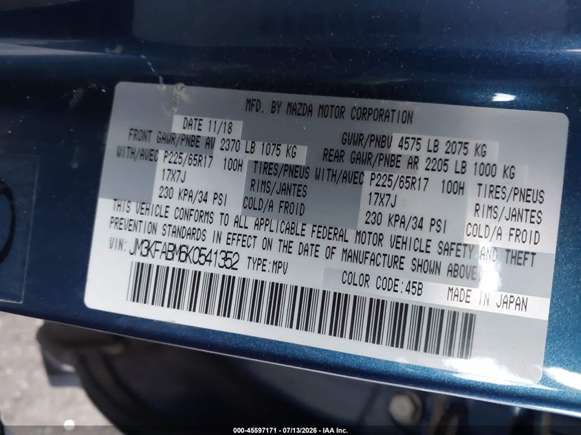 2019 Mazda Cx-5 VIN JM3KFABM6K0541352 IAAI salvage auction — LEFT FRONT, Salvage Certificate (California), sold $125 on 2026-07-24 (photo 9)