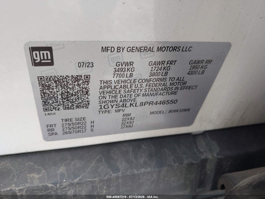 2023 Cadillac Escalade VIN 1GYS4LKL8PR446550 IAAI salvage auction — STORM DAMAGE, Mv-907A (New York), sold $35,400 on 2026-07-30 (photo 9)