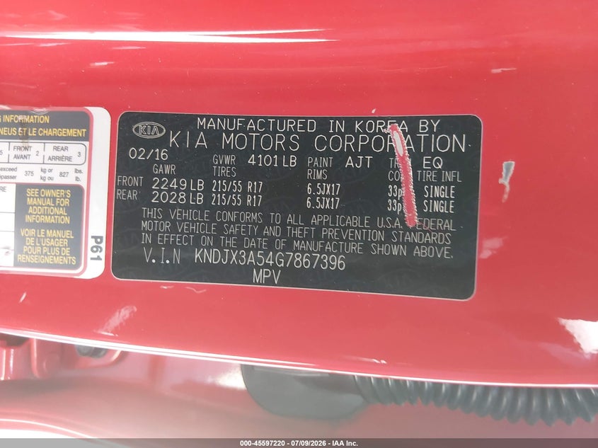 2016 Kia Soul VIN KNDJX3A54G7867396 IAAI salvage auction — LEFT REAR, Salvage Title, sold $1,300 on 2026-07-29 (photo 9)