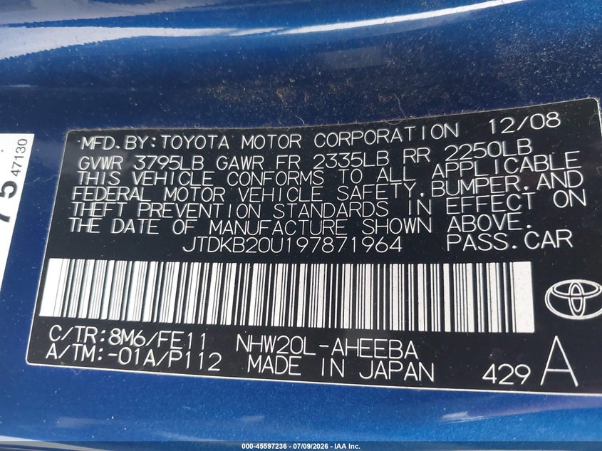 2009 Toyota Prius VIN JTDKB20U197871964 IAAI salvage auction — NORMAL WEAR, Clear - Dealer Only (California), sold $425 on 2026-07-29 (photo 9)