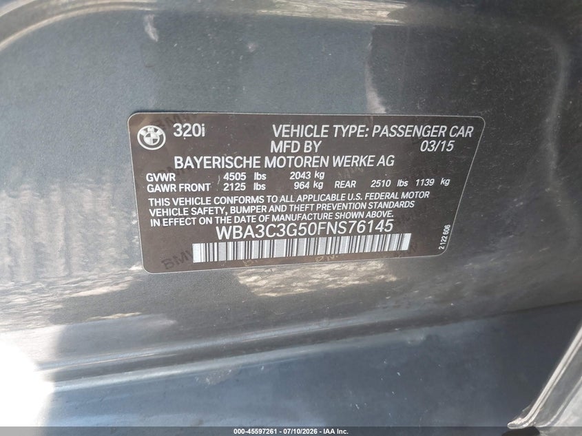 2015 BMW 3er VIN WBA3C3G50FNS76145 IAAI salvage auction — RIGHT SIDE, Salvage Title, sold $975 on 2026-08-19 (photo 9)
