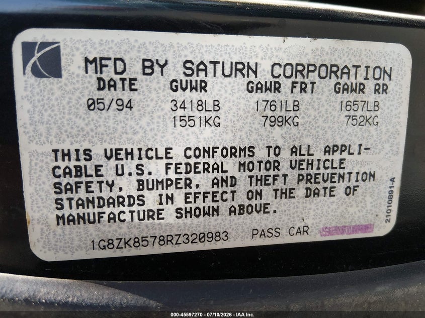 1994 Saturn Sw2 VIN 1G8ZK8578RZ320983 IAAI salvage auction — LEFT SIDE, Clear (Nevada), sold $100 on 2026-07-31 (photo 9)