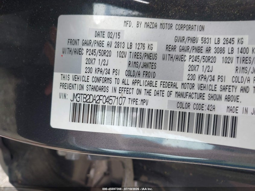 2015 Mazda Cx-9 VIN JM3TB2DA2F0457107 IAAI salvage auction — NORMAL WEAR, Salvage Title, sold $1,350 on 2026-07-17 (photo 9)