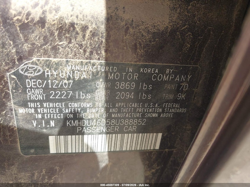2008 Hyundai Elantra VIN KMHDU46D58U388852 IAAI salvage auction — NORMAL WEAR, Original (Texas), sold $100 on 2026-07-28 (photo 9)
