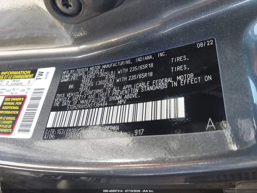 2022 Toyota Highlander VIN 5TDHZRAH5NS136484 IAAI salvage auction — FRONT END, Salvage (California), sold $13,200 on 2026-08-01 (photo 9)