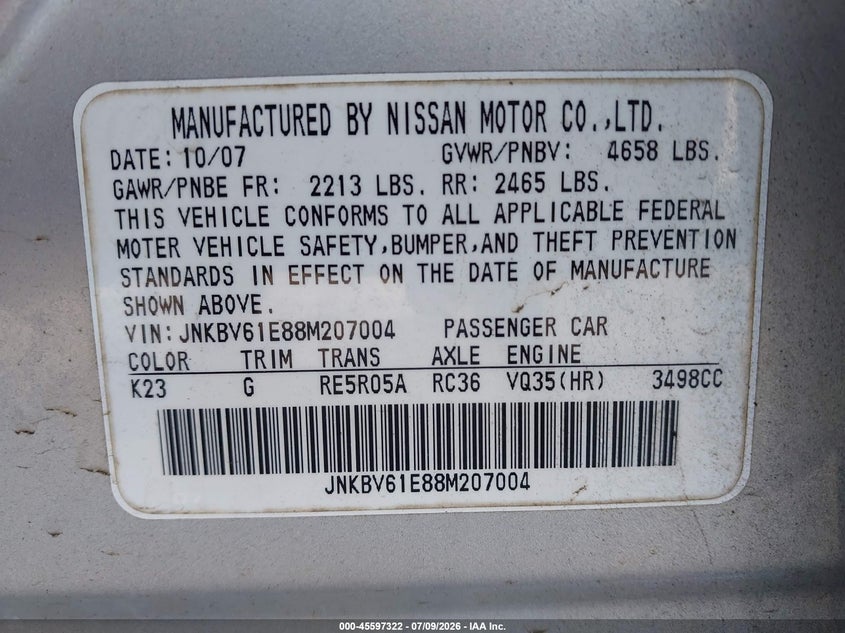 2008 Infiniti G35 VIN JNKBV61E88M207004 IAAI salvage auction — NORMAL WEAR, Clear (Tennessee), sold $550 on 2026-07-19 (photo 9)