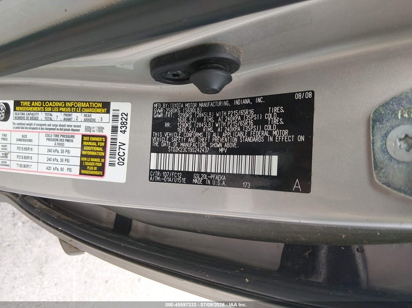 2009 Toyota Sienna VIN 5TDZK23C19S242437 IAAI salvage auction — NORMAL WEAR, Regular Certificate (Iowa), sold $525 on 2026-07-21 (photo 9)
