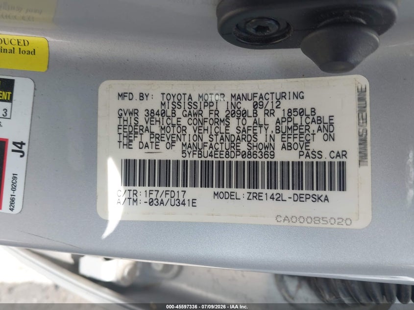 2013 Toyota Corolla VIN 5YFBU4EE8DP086369 IAAI salvage auction — NORMAL WEAR, Original (Texas), sold $2,250 on 2026-07-29 (photo 9)