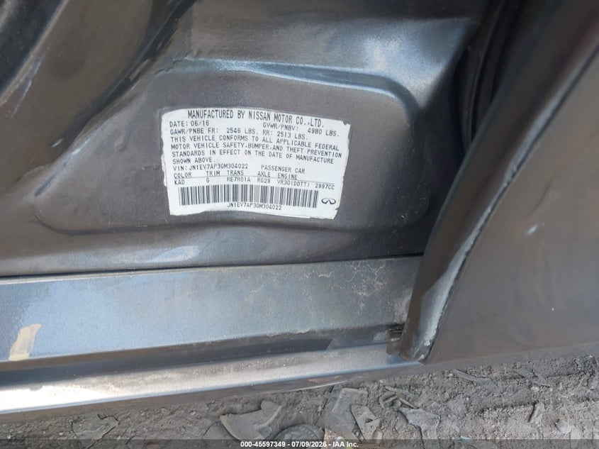 2016 Infiniti Q50 VIN JN1EV7AP3GM304022 IAAI salvage auction — REAR END, Wait Title, sold $525 on 2026-08-23 (photo 9)