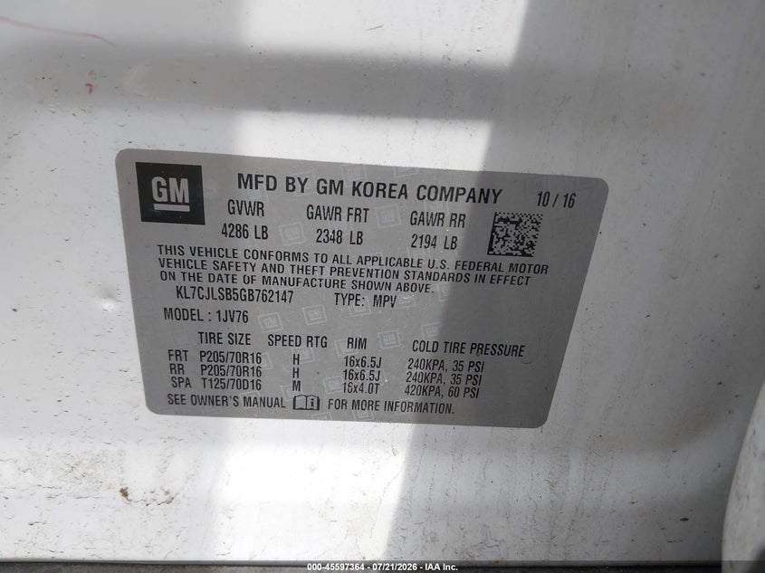 2016 Chevrolet Trax VIN KL7CJLSB5GB762147 IAAI salvage auction — NORMAL WEAR, Clear (New York), sold $475 on 2026-07-28 (photo 9)