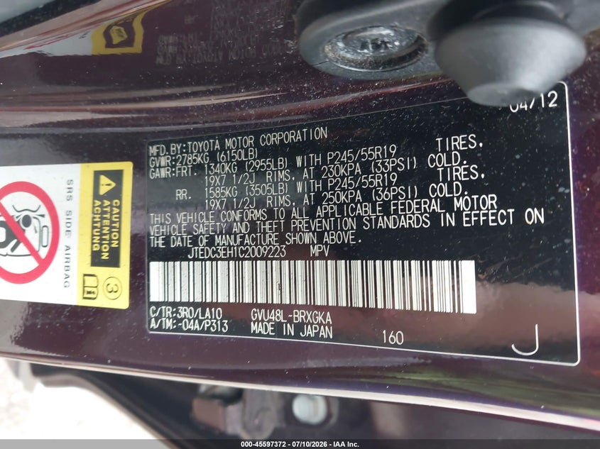 2012 Toyota Highlander VIN JTEDC3EH1C2009223 IAAI salvage auction — REAR END, Salvage Title, sold $850 on 2026-07-21 (photo 9)