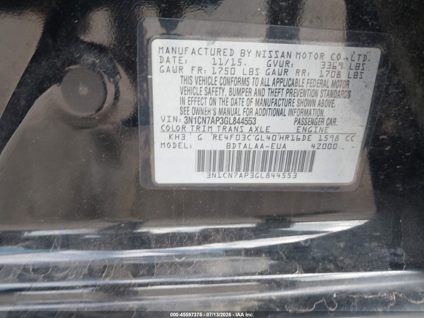 2016 Nissan Versa VIN 3N1CN7AP3GL844553 IAAI salvage auction — REAR END, Salvage Title, sold $975 on 2026-07-25 (photo 9)
