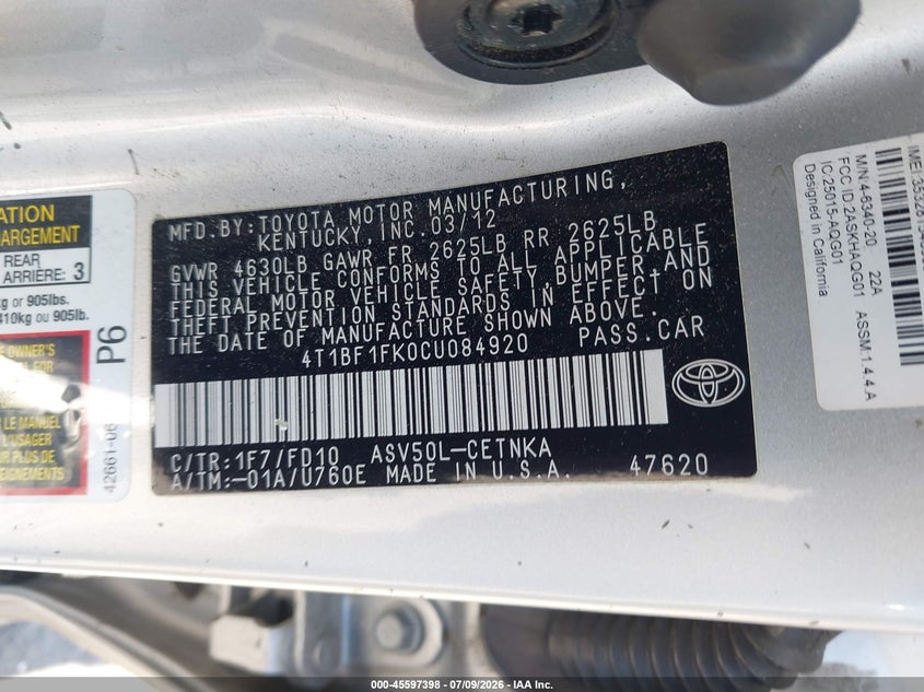 2012 Toyota Camry VIN 4T1BF1FK0CU084920 IAAI salvage auction — FRONT & REAR, Salvage Title, sold $1,250 on 2026-08-08 (photo 9)