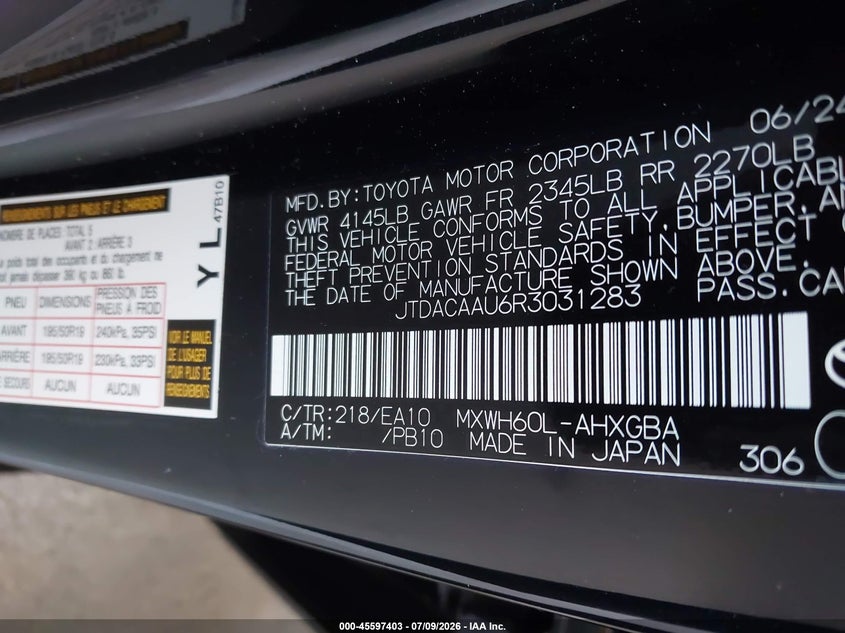 2024 Toyota Prius VIN JTDACAAU6R3031283 IAAI salvage auction — FRONT END, Salvage Title, sold $7,050 on 2026-07-30 (photo 9)