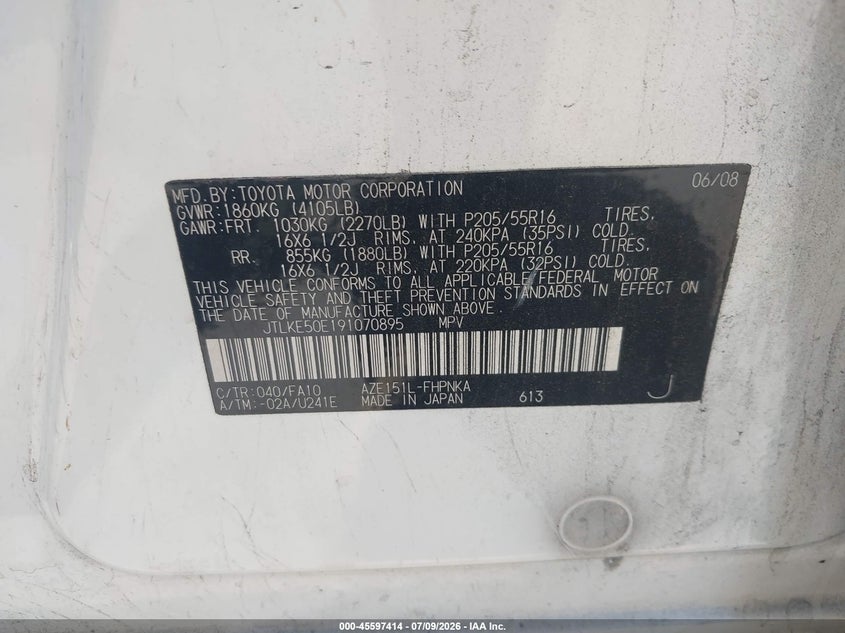 2009 Scion Xb VIN JTLKE50E191070895 IAAI salvage auction — NORMAL WEAR, Clear - Dealer Only (California), sold $25 on 2026-07-14 (photo 9)