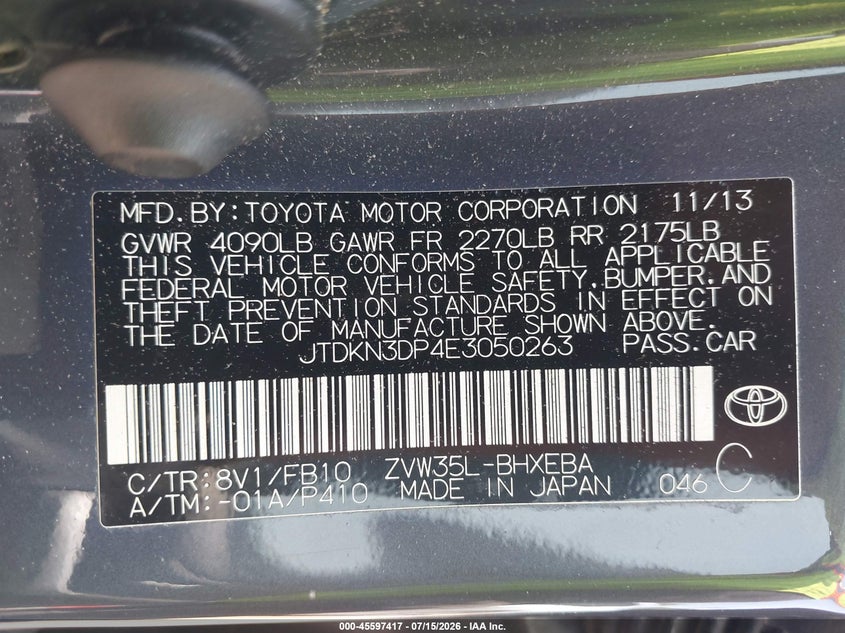 2014 Toyota Prius VIN JTDKN3DP4E3050263 IAAI salvage auction — NORMAL WEAR, Clear (Maryland), sold $825 on 2026-07-23 (photo 9)