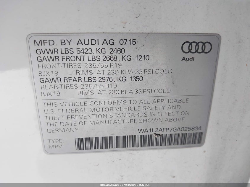 2016 Audi Q5 VIN WA1L2AFP7GA025834 IAAI salvage auction — NORMAL WEAR, Clear - Dealer Only (California), sold $675 on 2026-07-28 (photo 9)