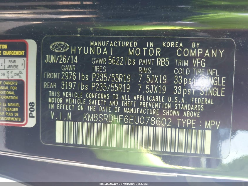 2014 Hyundai Santa fe VIN KM8SRDHF6EU078602 IAAI salvage auction — NORMAL WEAR, Clear (Pennsylvania), sold $1,650 on 2026-07-24 (photo 9)
