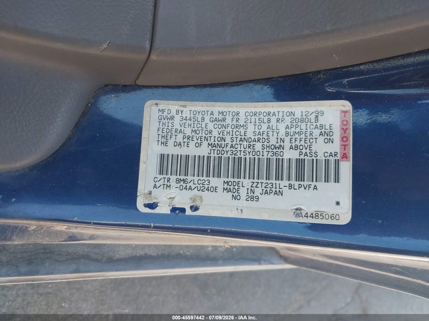 2000 Toyota Celica VIN JTDDY32T5Y0017360 IAAI salvage auction — NORMAL WEAR, Clear - Dealer Only (California), sold $225 on 2026-07-28 (photo 9)